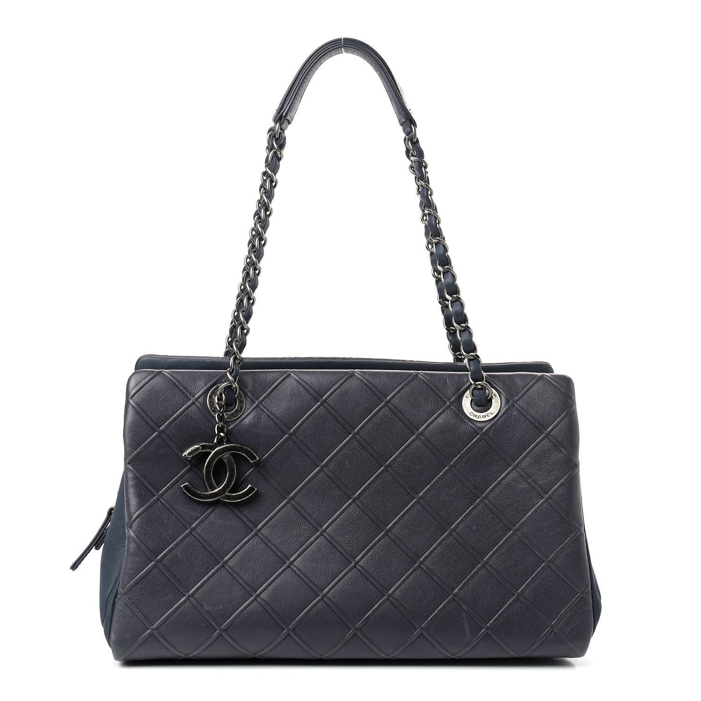 Calfskin Diamond Embossed Large CC Zip Shopping Tote Blue
