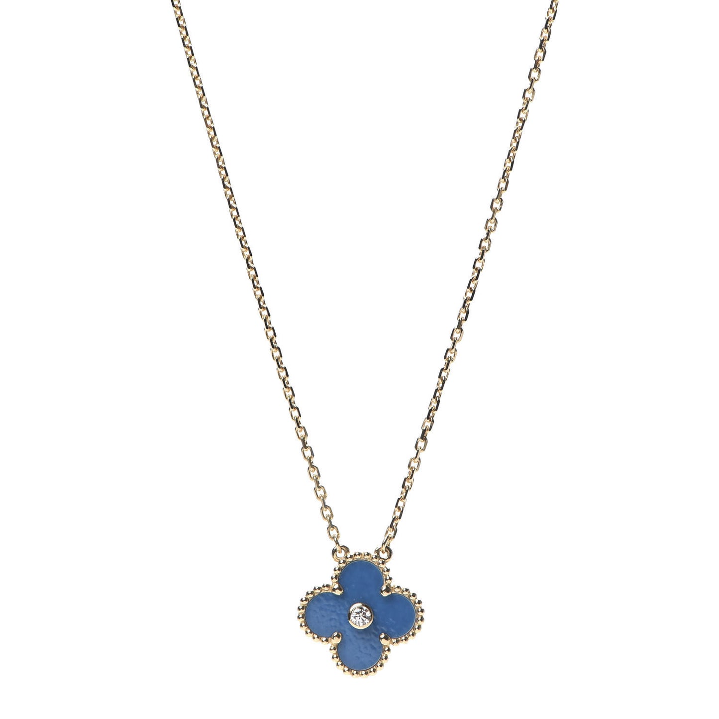 18K Yellow Gold Diamond Celestial Blue Sevres Porcelain Vintage Alhambra Pendant Necklace