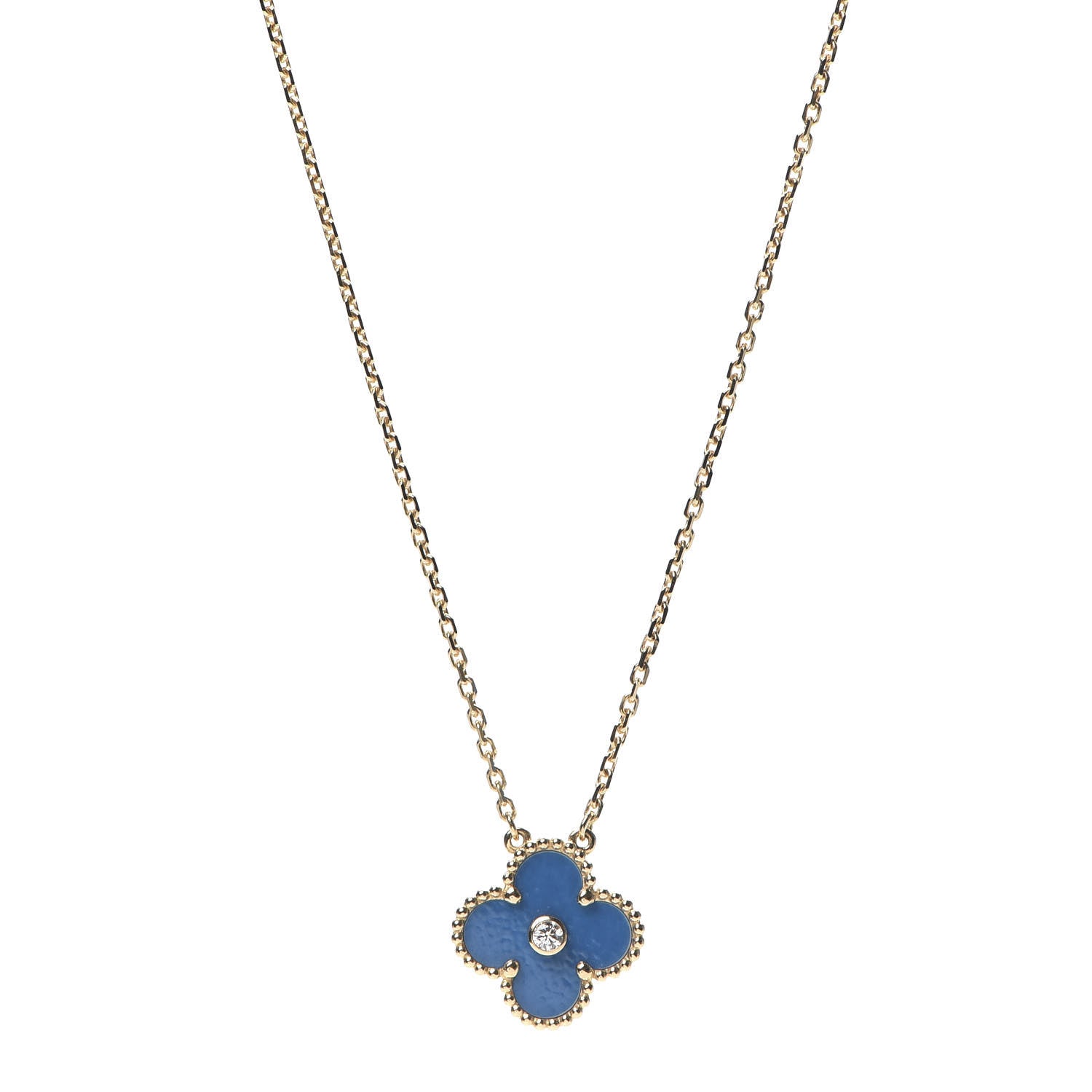 Van Cleef & Arpels 18K Yellow Gold Diamond Celestial Blue Sevres Porcelain Vintage Alhambra Pendant Necklace 1 of 8