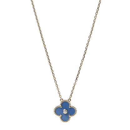 Van Cleef & Arpels 18K Yellow Gold Diamond Celestial Blue Sevres Porcelain Vintage Alhambra Pendant Necklace 1 of 8