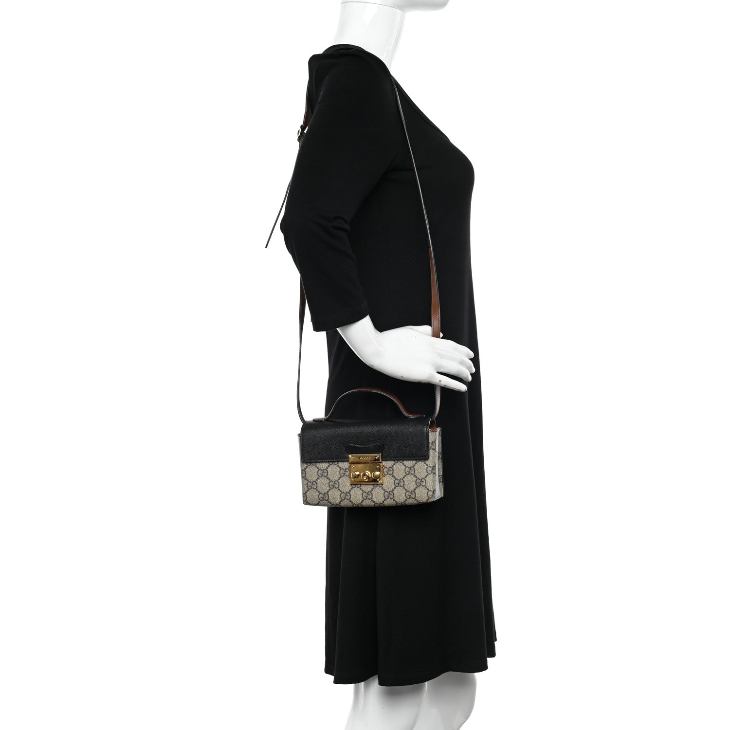 Gucci GG Supreme Monogram Calfskin Mini Padlock Top Handle Shoulder Bag Beige Black Cuir 2 of 13