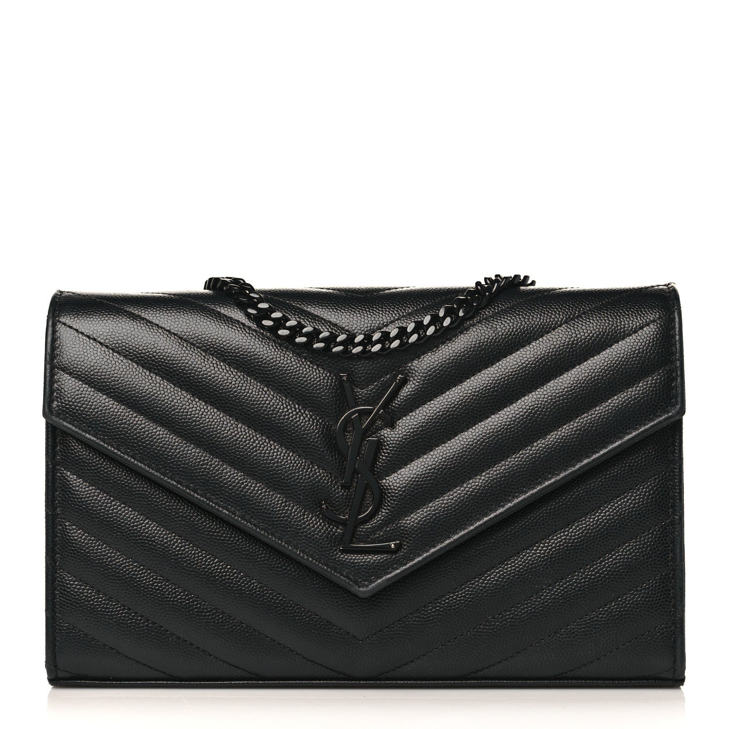 Saint Laurent Grain De Poudre Matelasse Chevron Monogram Chain Wallet Black 1 of 8