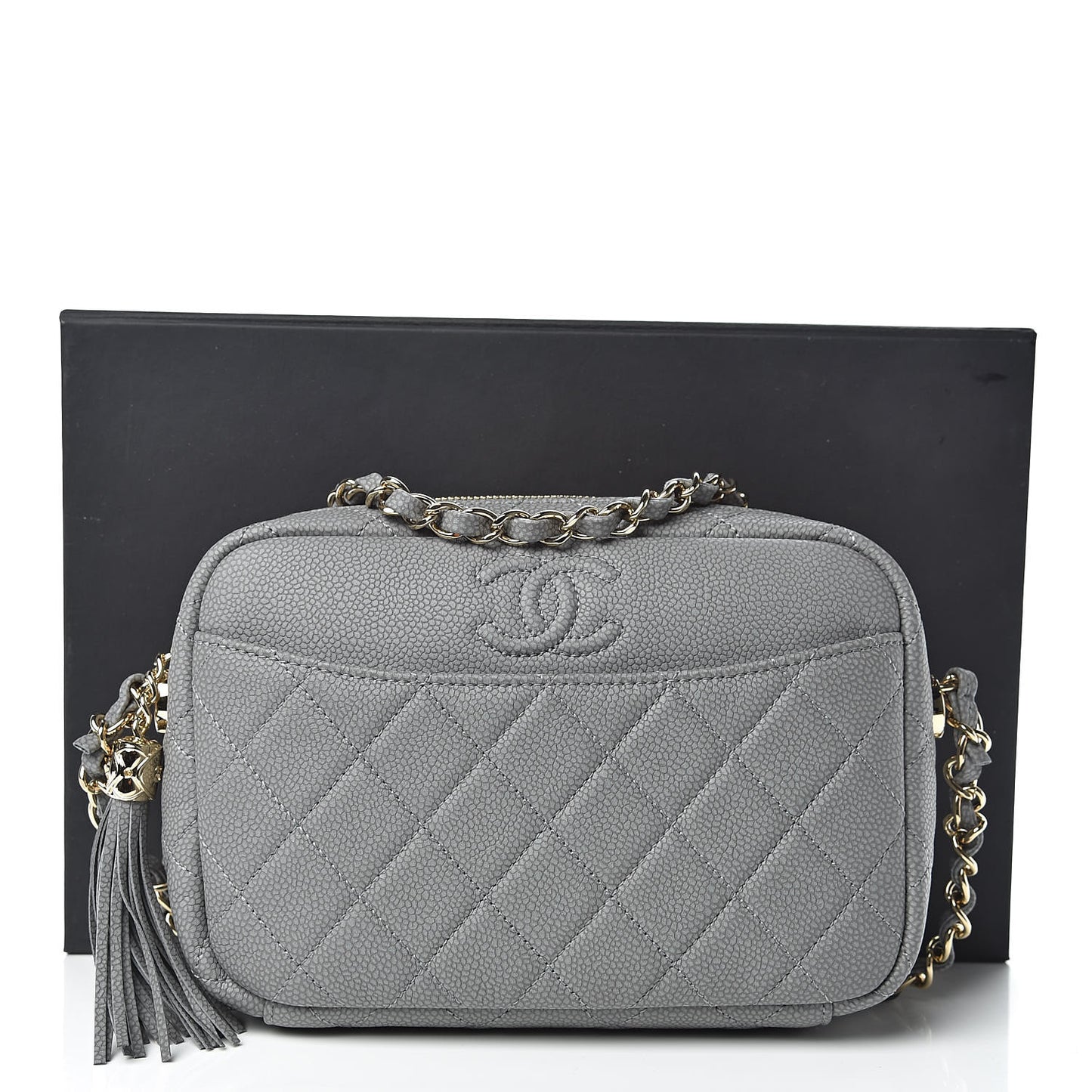 Iridescent Caviar Flat Quilted Small Coco Tassel Camera Case Grey