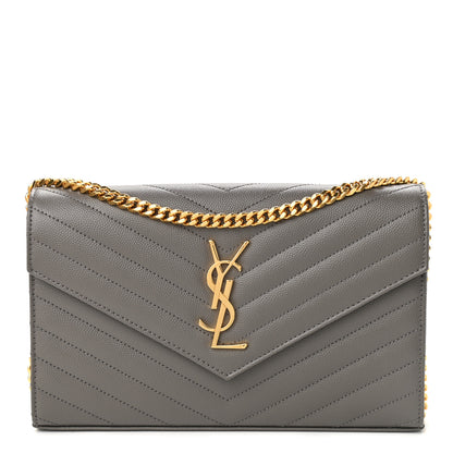 Saint Laurent Grain De Poudre Matelasse Chevron Monogram Chain Wallet Fog 1 of 10