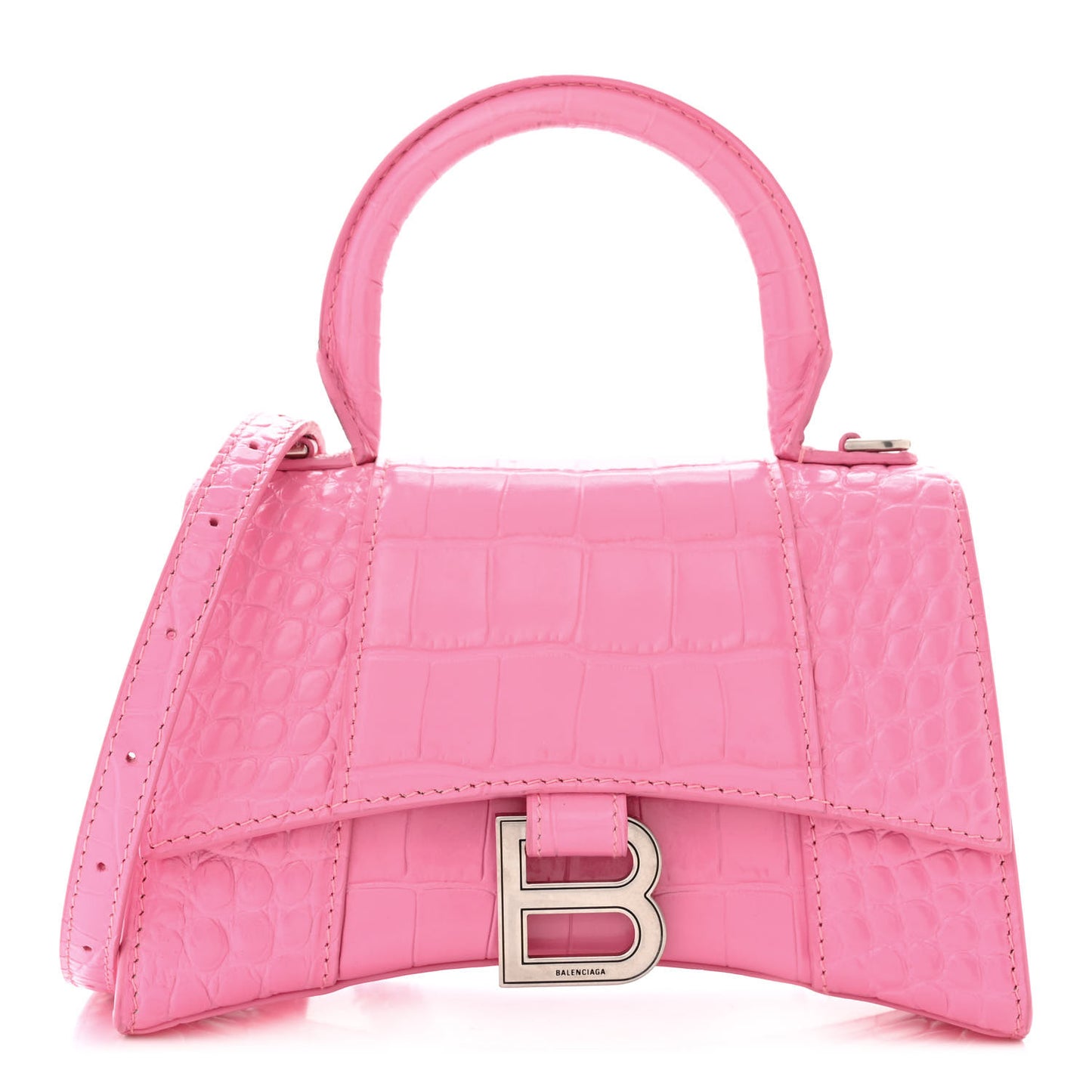 Shiny Calfskin Crocodile Embossed Hourglass Top Handle Bag XS Baby Pink