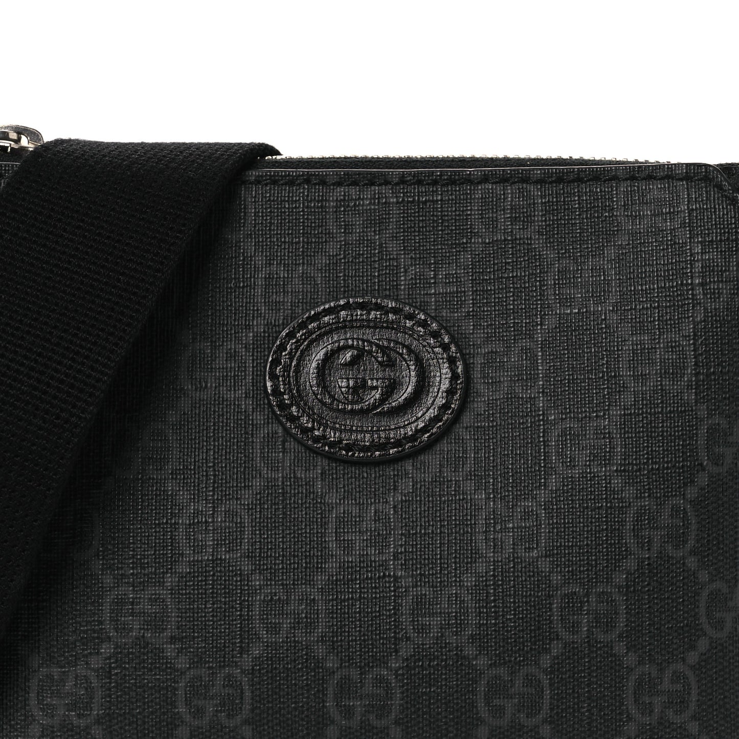 GG Supreme Monogram Azalea Calfskin Small Retro Interlocking G Wristlet Messenger Bag Black
