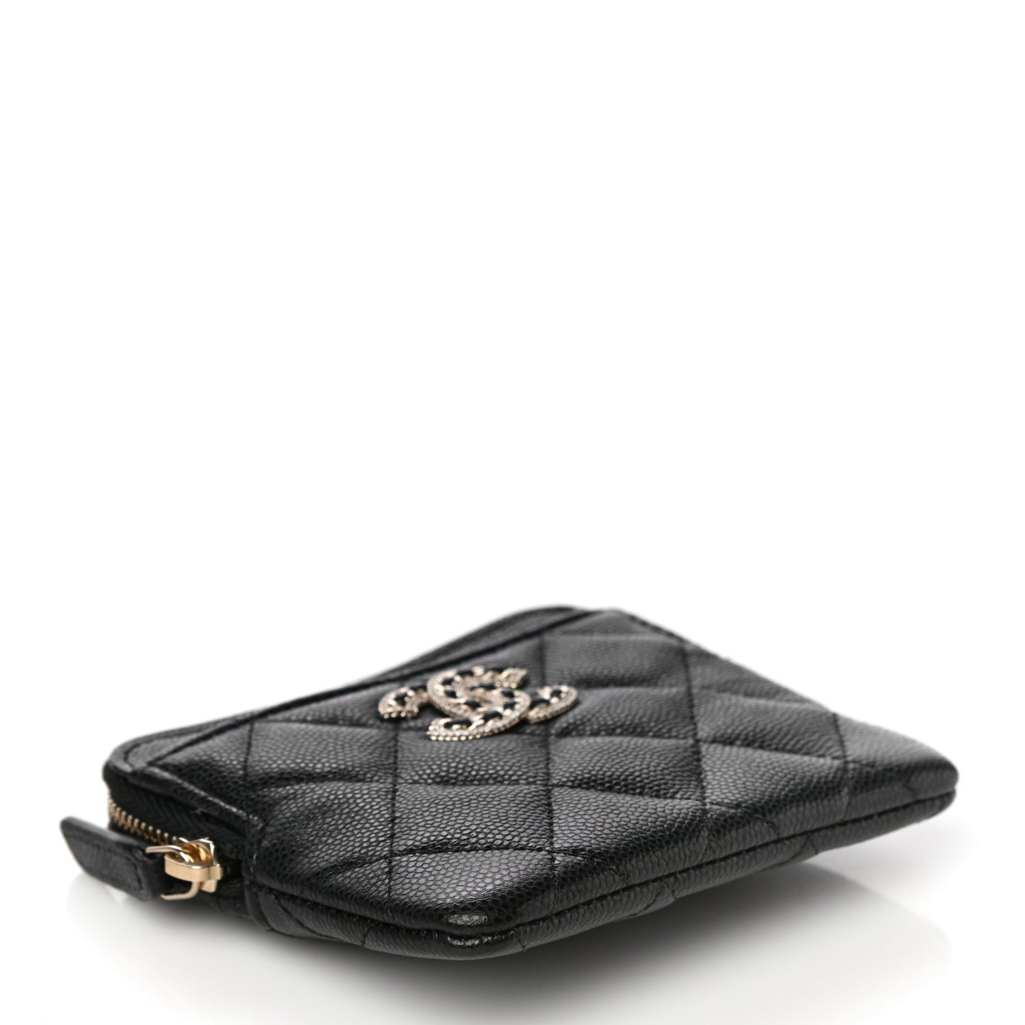 Caviar Quilted Crystal Zip Card Holder Wallet Black
