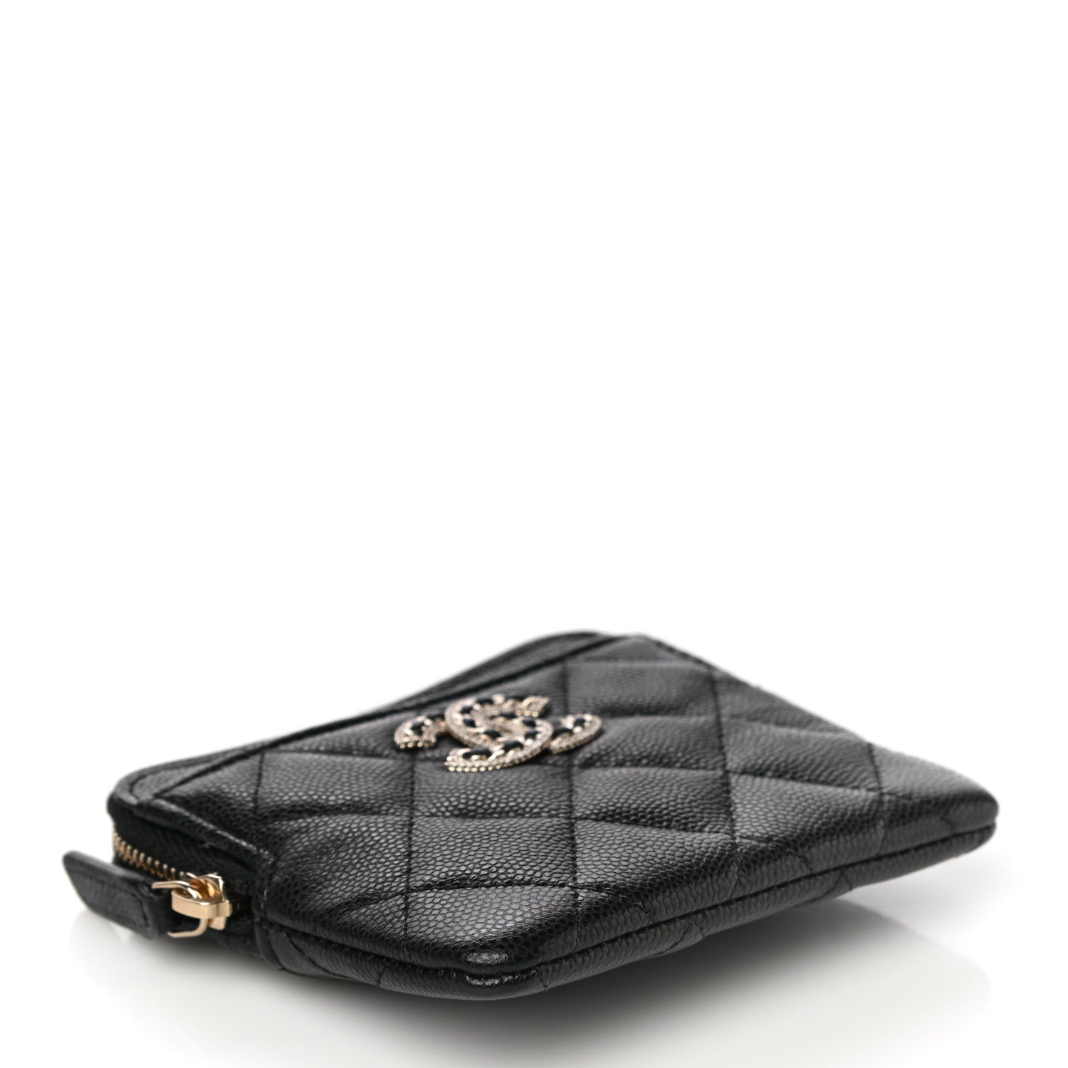 Chanel Caviar Quilted Crystal Zip Card Holder Wallet Black 4 of 11