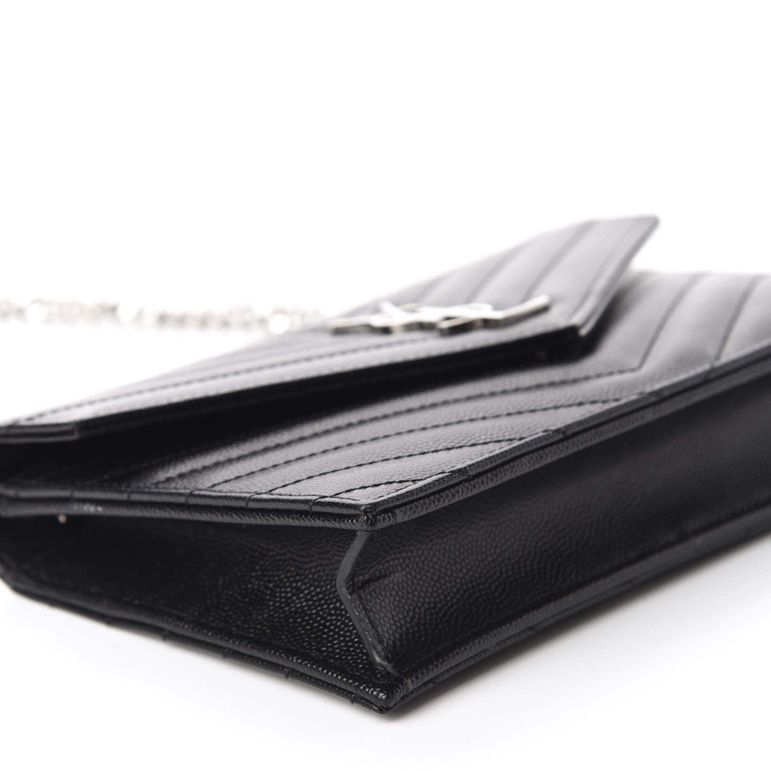 Saint Laurent Grain De Poudre Matelasse Chevron Monogram Envelope Chain Wallet Black 6 of 13