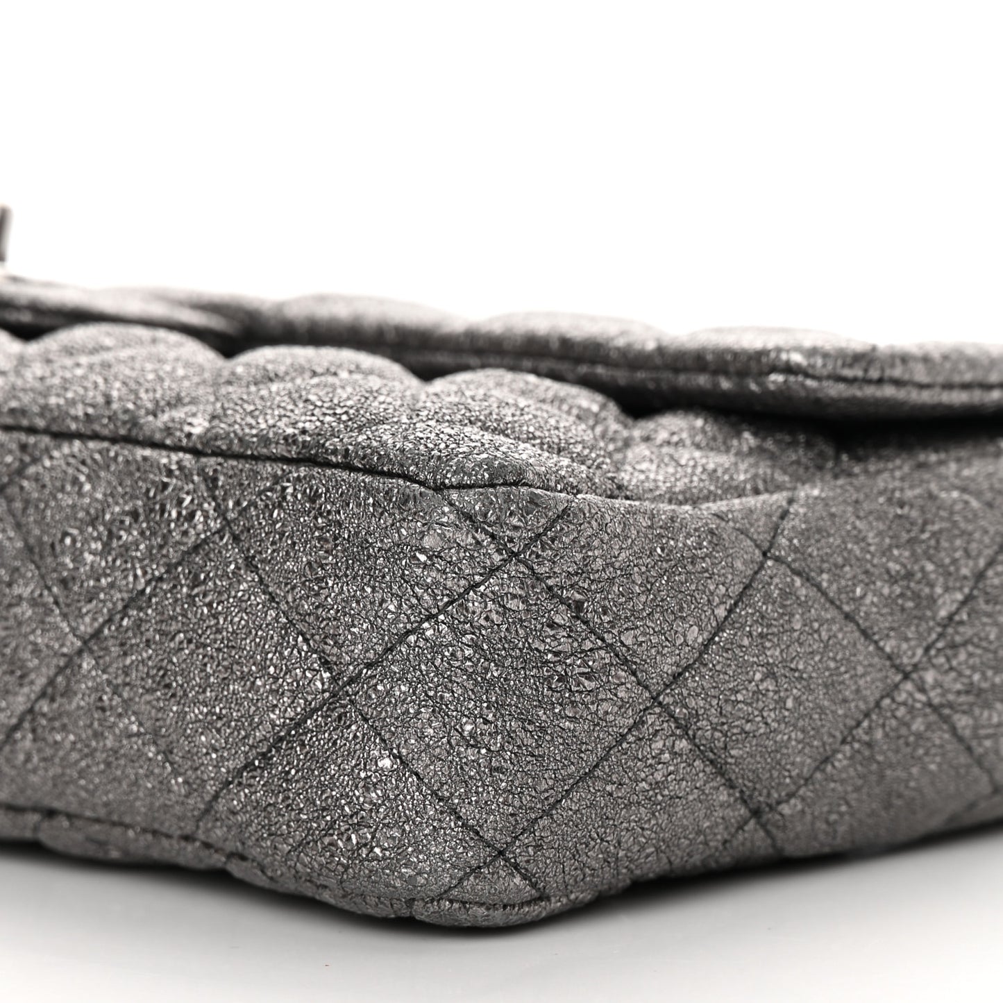 Metallic Crackled Calfskin Quilted East West Flap Dark Silver