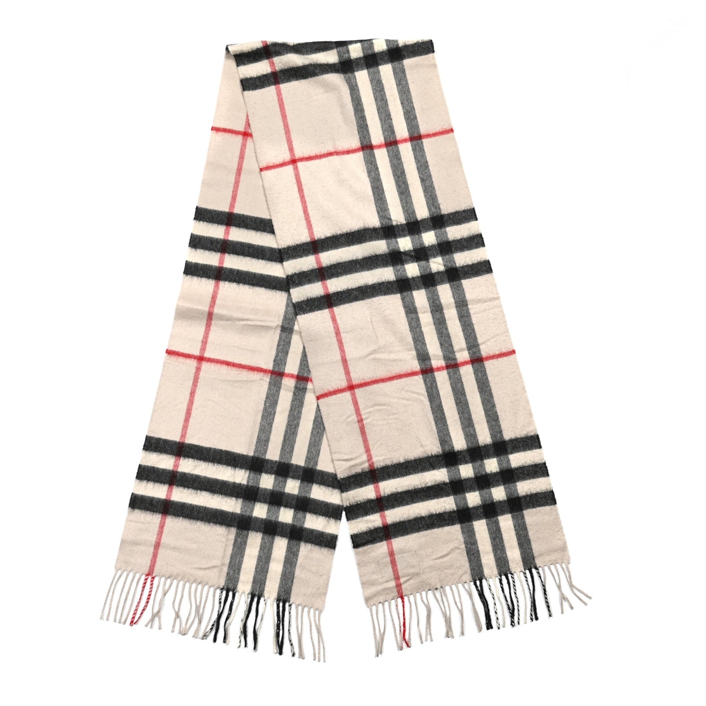 Cashmere Giant Check Fringe Scarf Ivory