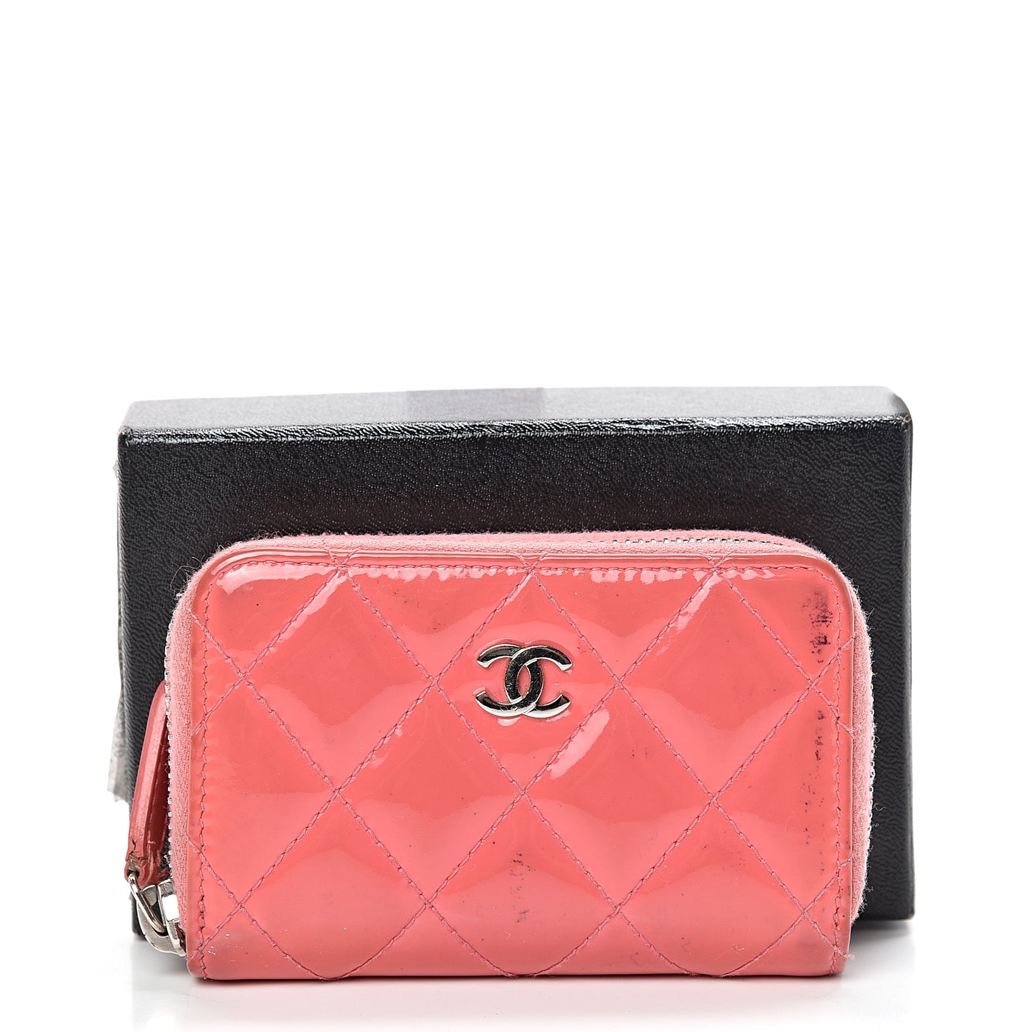Patent Calfskin Quilted Zip Coin Purse Pink