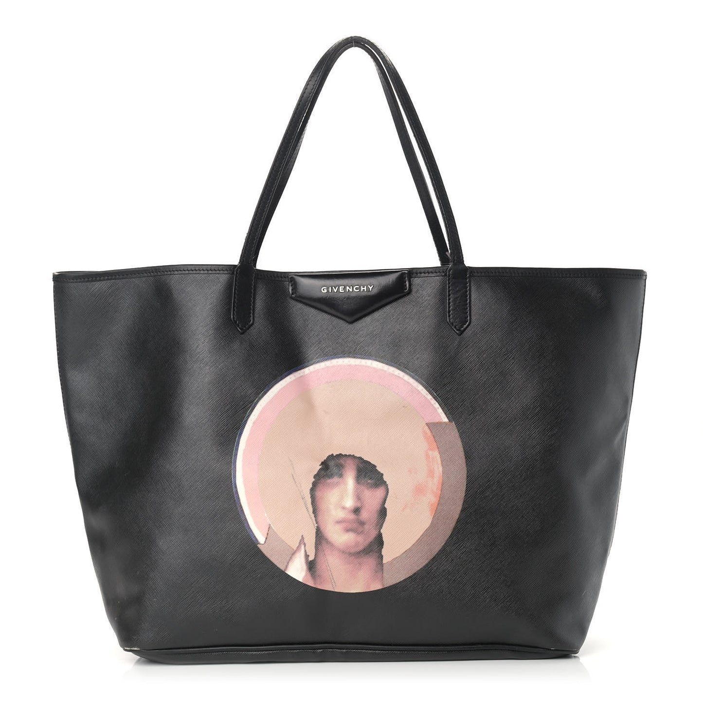 Textured Coated Canvas Madonna Print Large Antigona Tote Black
