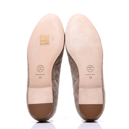 Chanel Suede Quilted Cap Toe CC Ballerina Flats 36 Beige 5 of 7