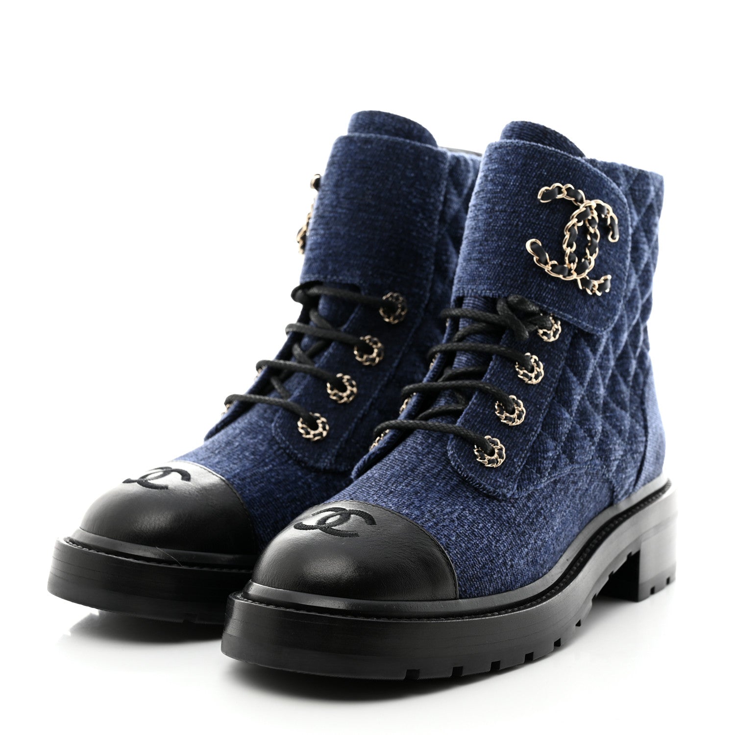 Chanel Shiny Calfskin Velvet Quilted Lace Up Combat Boots 38 Blue Black 3 of 8