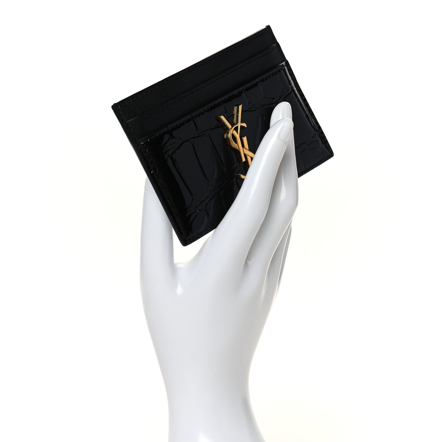 Saint Laurent Calfskin Crocodile Embossed Monogram Patent Cassandre Credit Card Case Black 2 of 9