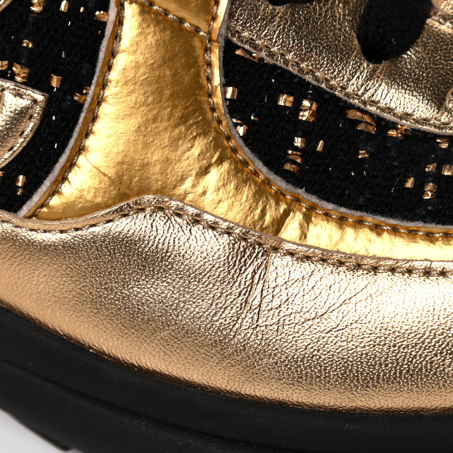 Satin Lambskin Fabric Tweed CC High Top Sneakers 37.5 Black Gold