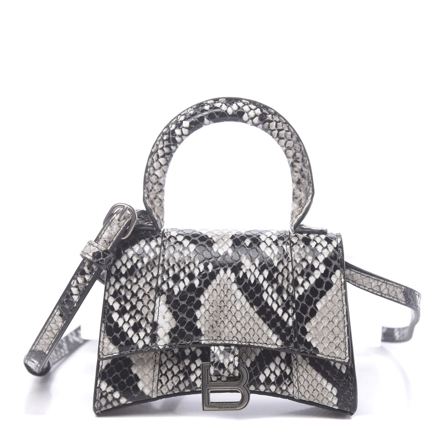 Shiny Calfskin Python Effect Hourglass Top Handle Bag Mini Black White