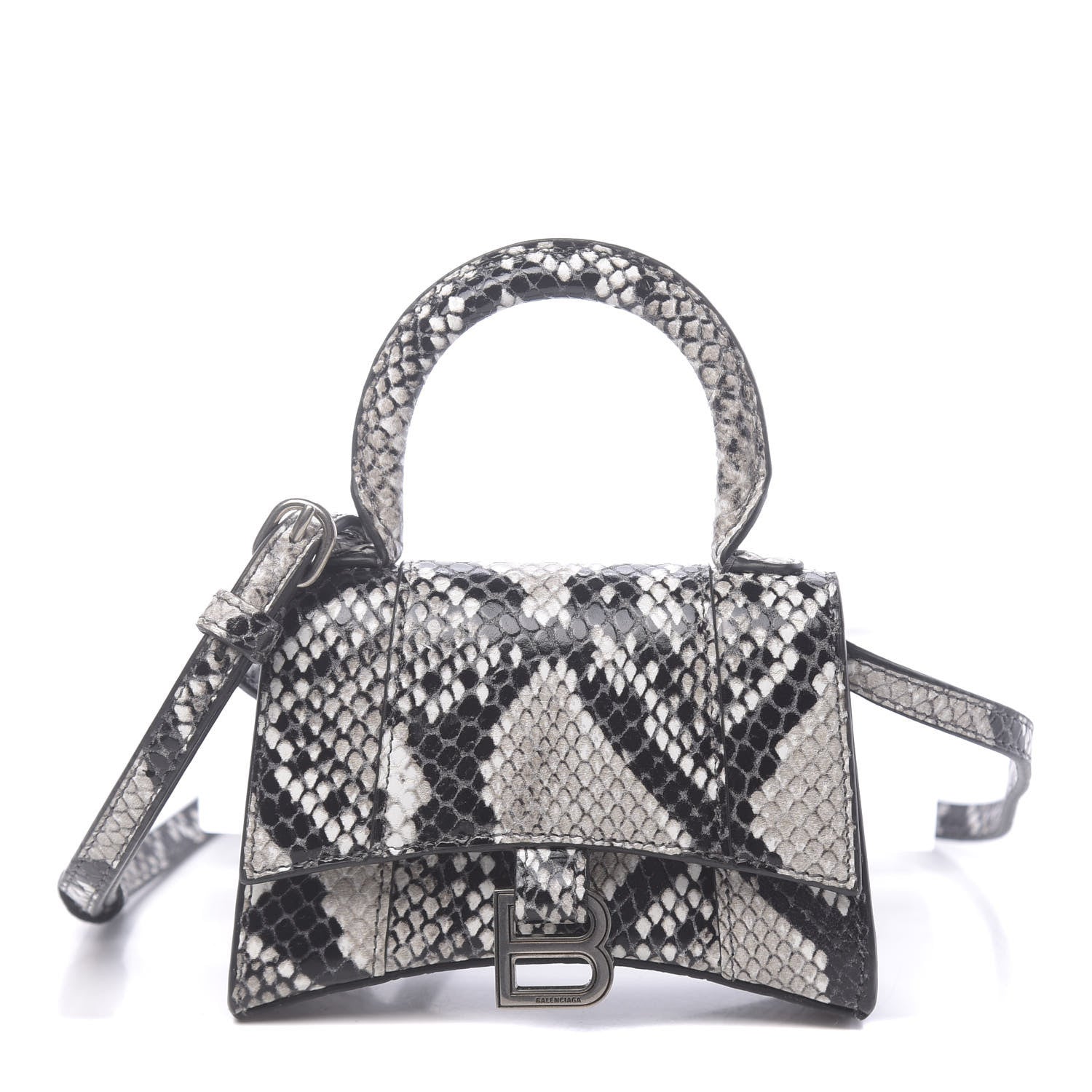 Balenciaga Shiny Calfskin Python Effect Hourglass Top Handle Bag Mini Black White 1 of 10