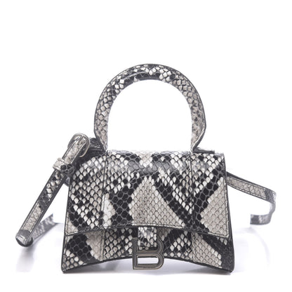 Balenciaga Shiny Calfskin Python Effect Hourglass Top Handle Bag Mini Black White 1 of 10