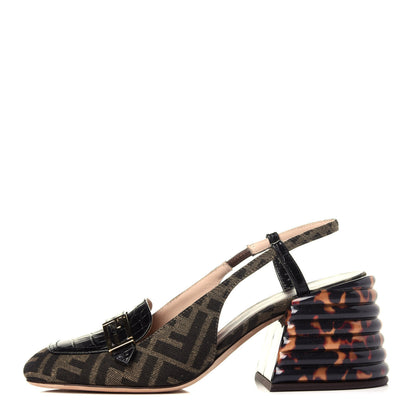 Fendi Jacquard Calfskin FF Tortoise Promenade Slingback Loafer Pumps 38 Tobacco 1 of 9