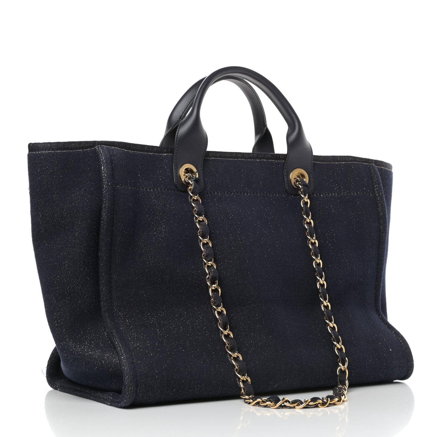 Lurex Canvas Medium Deauville Tote Navy Blue Gold