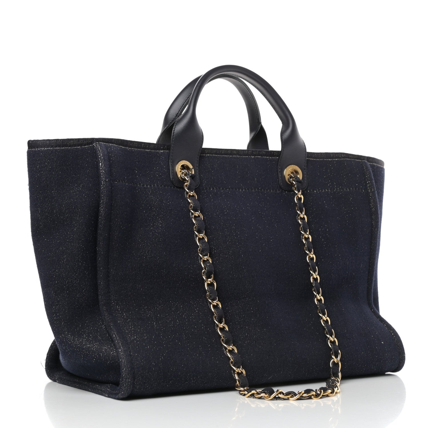 Chanel Lurex Canvas Medium Deauville Tote Navy Blue Gold 3 of 10