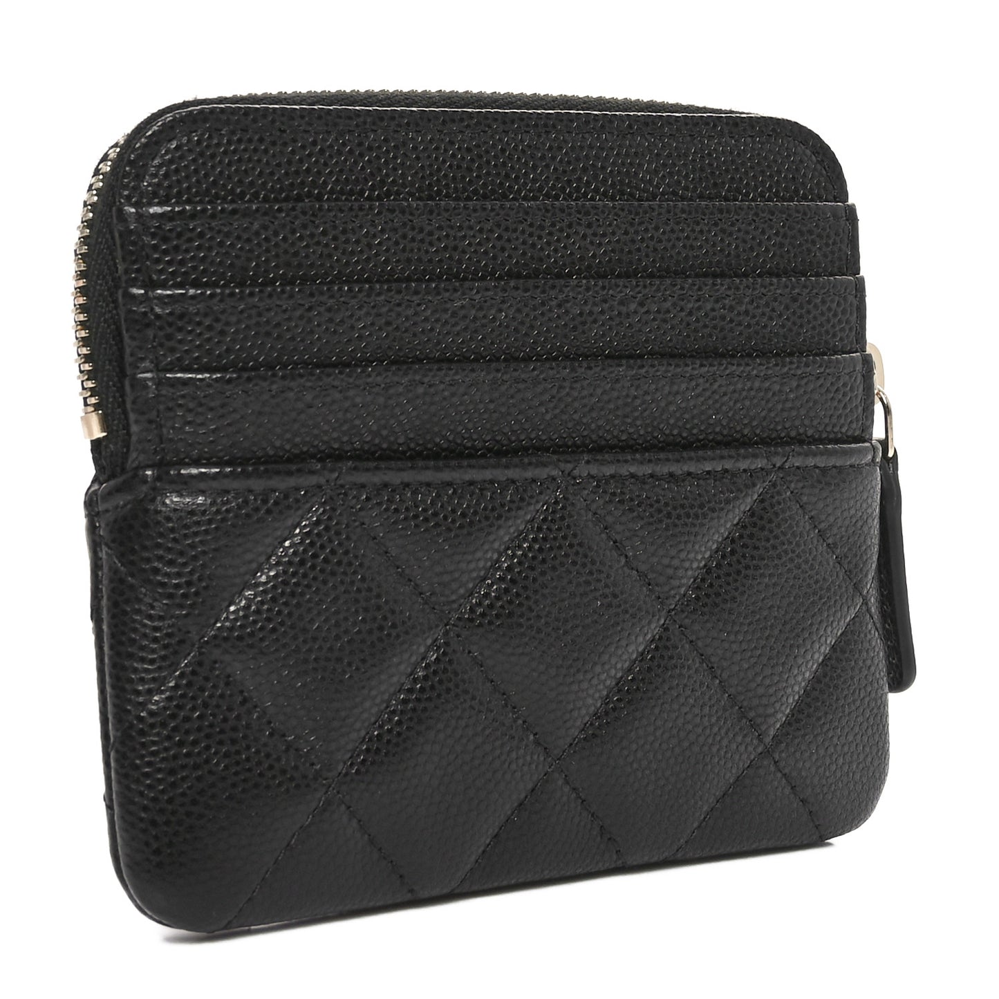 Caviar Quilted Crystal Zip Card Holder Wallet Black