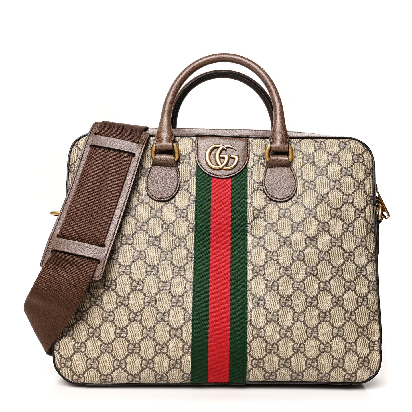GG Supreme Monogram Textured Calfskin Web Medium Ophidia Briefcase Beige Ebony New Acero