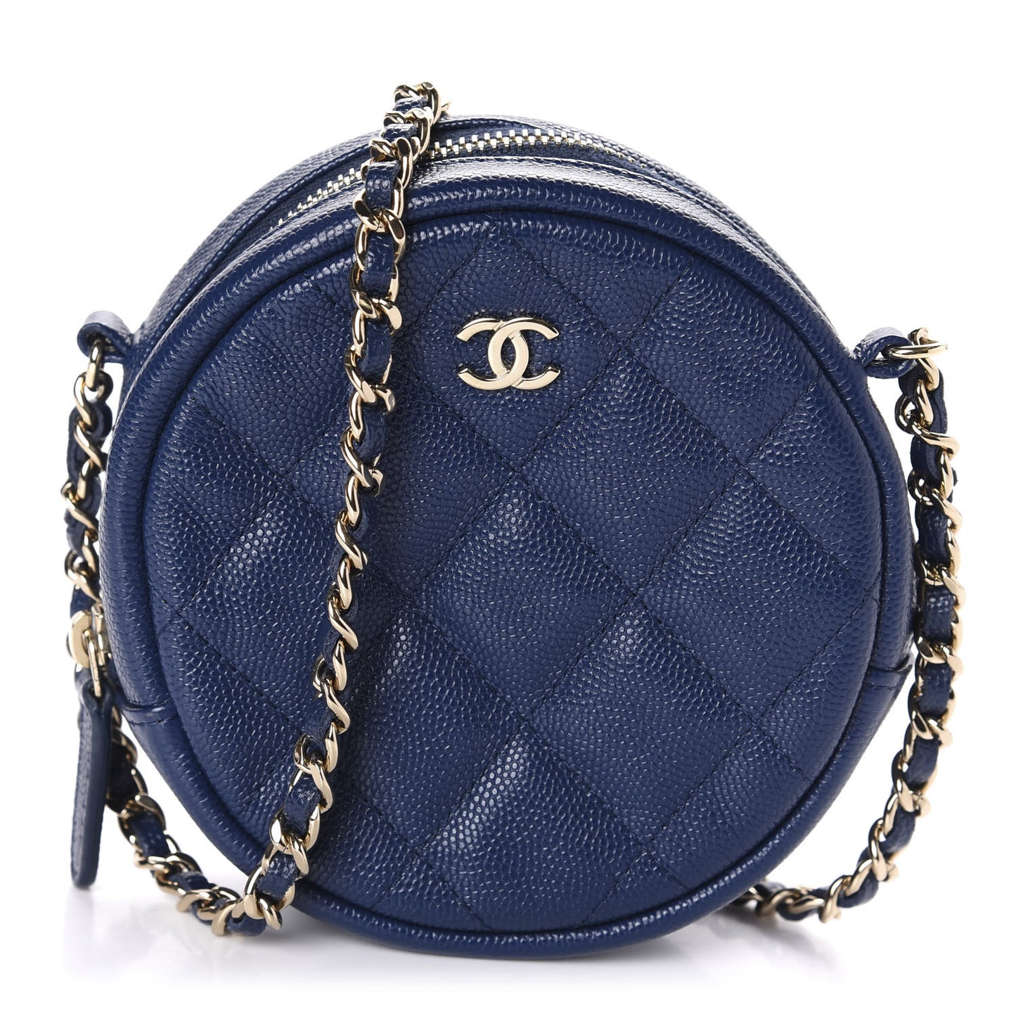 Caviar Quilted Round Clutch With Chain Navy