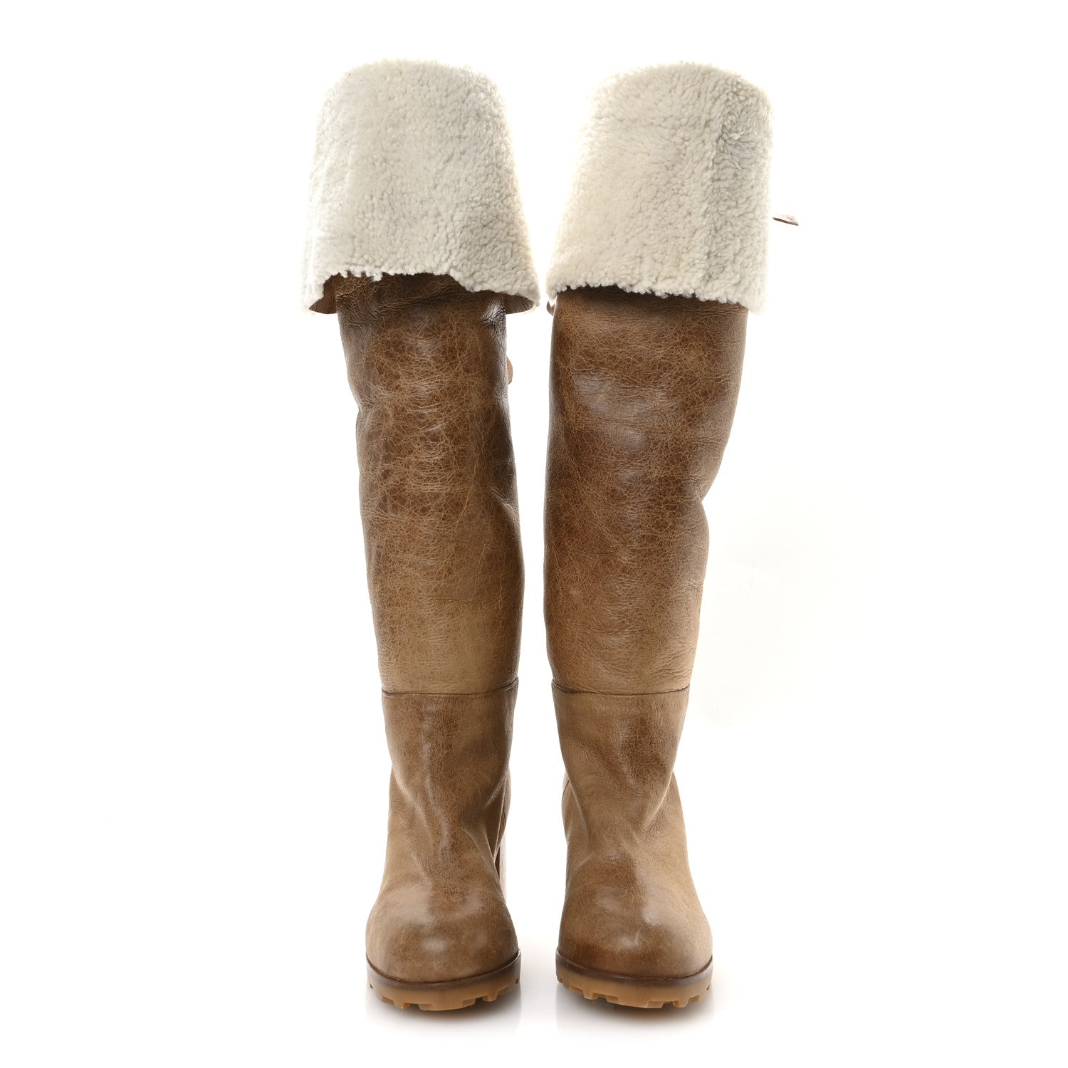 Miu Miu Shearling Calfskin Knee High Heel Boot 38.5 Brown 3 of 7