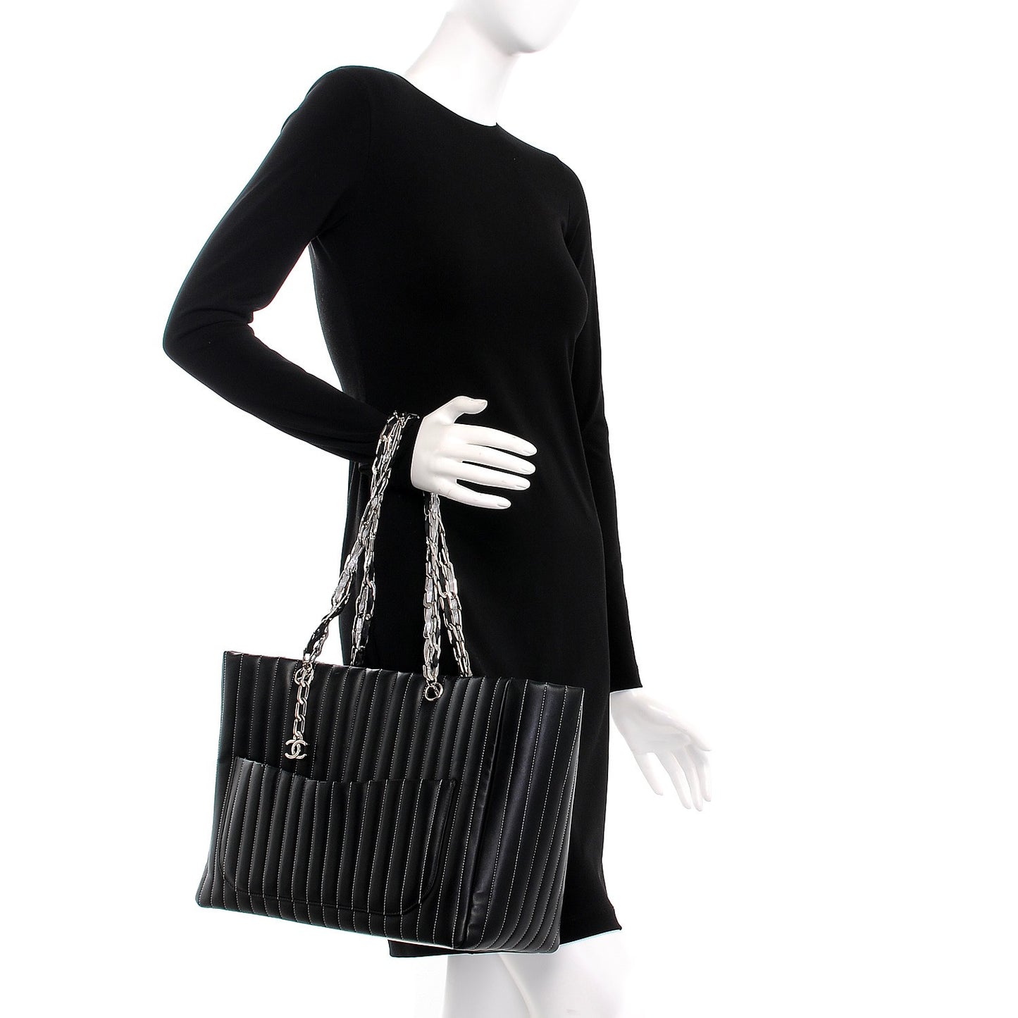 Lambskin Vertical Quilted Large Mademoiselle Tote Black