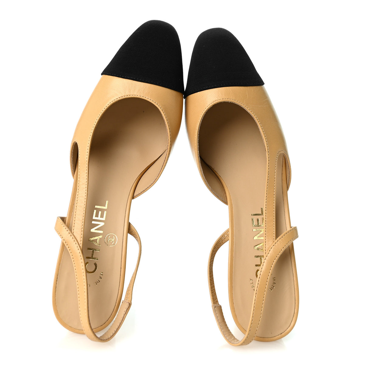 Goatskin Grosgrain Cap Toe CC Slingback Pumps 37 Beige Black