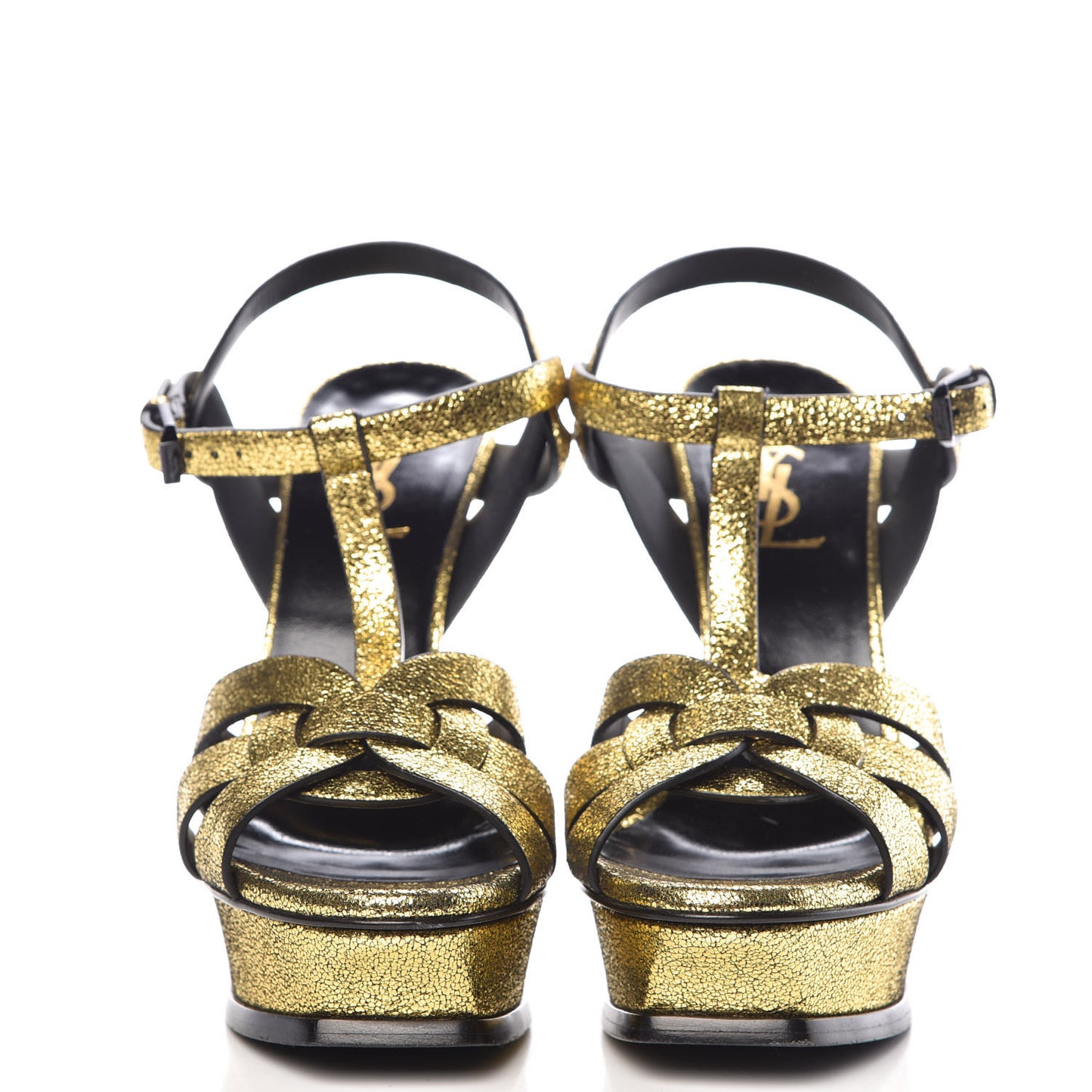 Metallic Crackled Calfskin Tribute 105 Platform Sandals 36.5 Black Gold