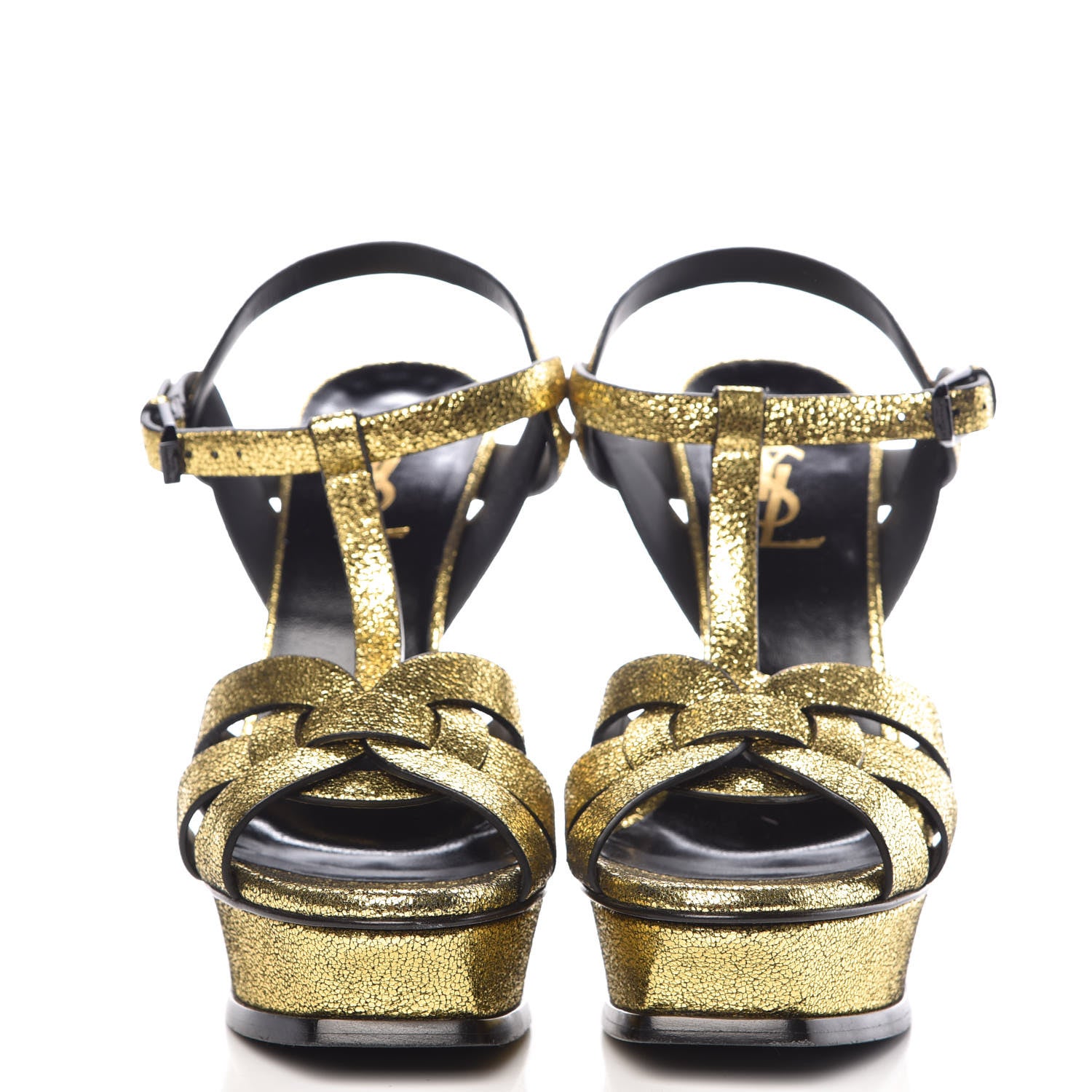 Saint Laurent Metallic Crackled Calfskin Tribute 105 Platform Sandals 36.5 Black Gold 2 of 11