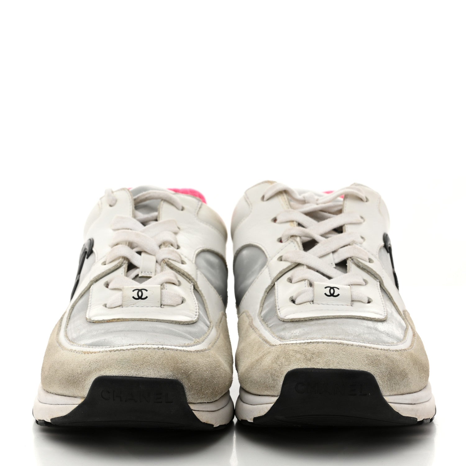 CHANEL ファブリックシューズ Chanel Calfskin Fabric Sneakers 39 White Silver Fluo Pink 1768907