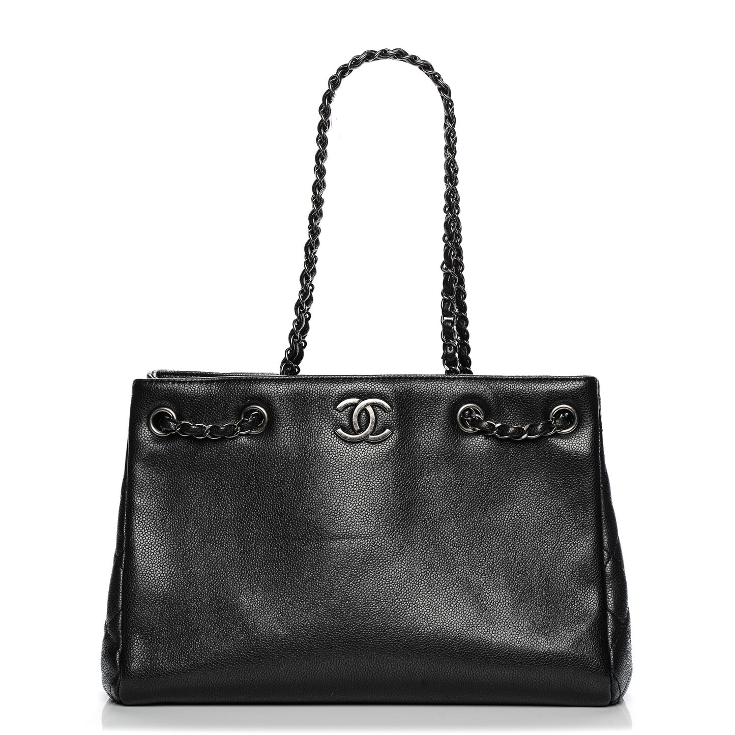 Metallic Grained Calfskin Woven Chain Shopping Bag Black