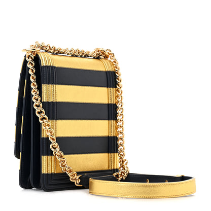 Chanel Metallic Lambskin Striped North South Boy Flap Navy Gold 3 of 11