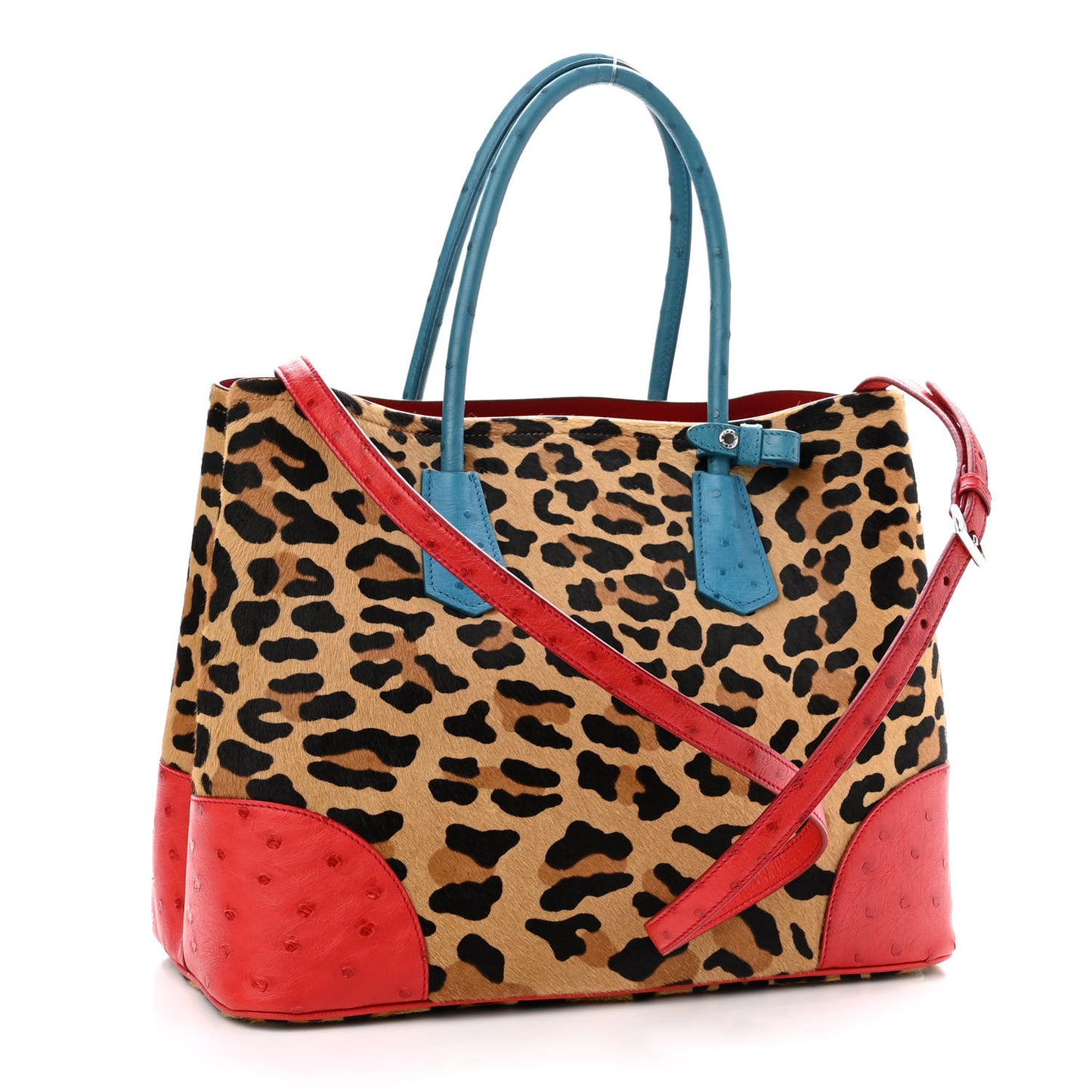 Calf Hair Ostrich Leopard Print Medium Double Bag Miele Voyage