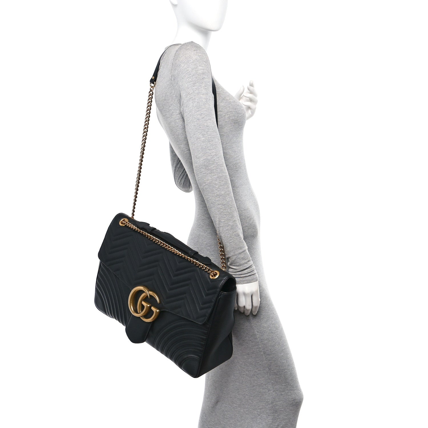 Gucci Calfskin Matelasse Maxi GG Marmont Top Handle Shoulder Bag Black 2 of 11