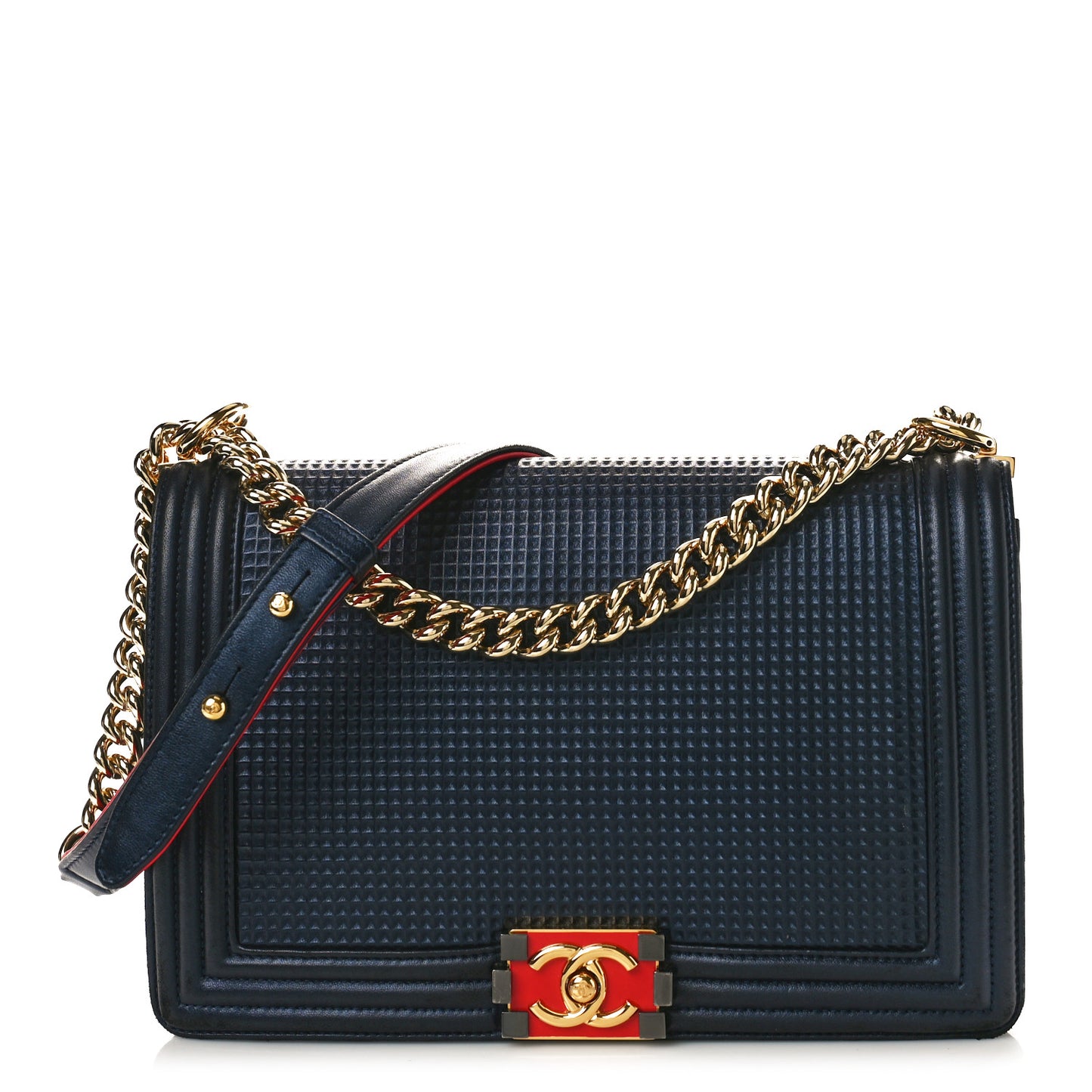 Lambskin Embossed New Medium Boy Cube Flap Navy