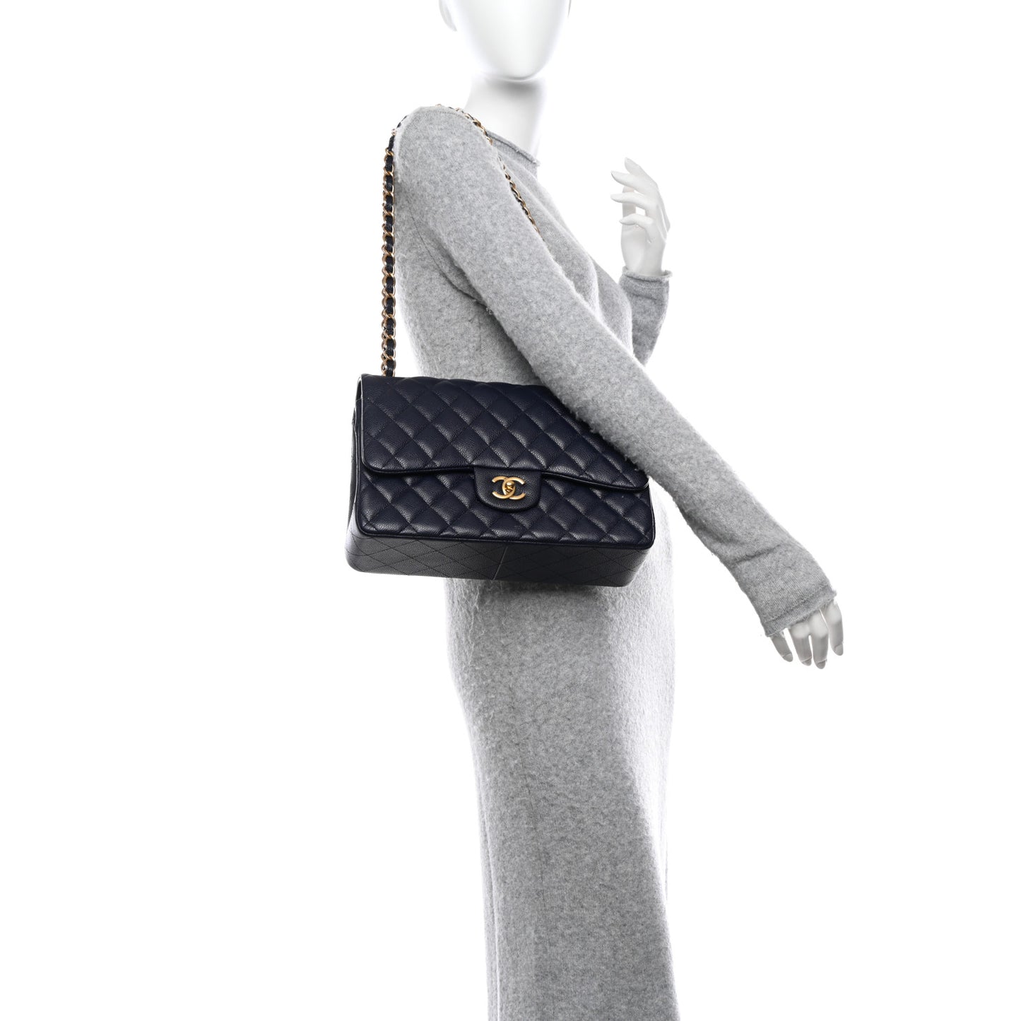Caviar Quilted Jumbo Double Flap Navy Blue