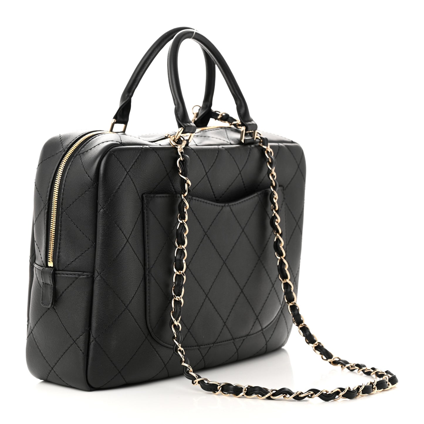 Calfskin Diamond Stitched Top Handle Bowling Bag Black