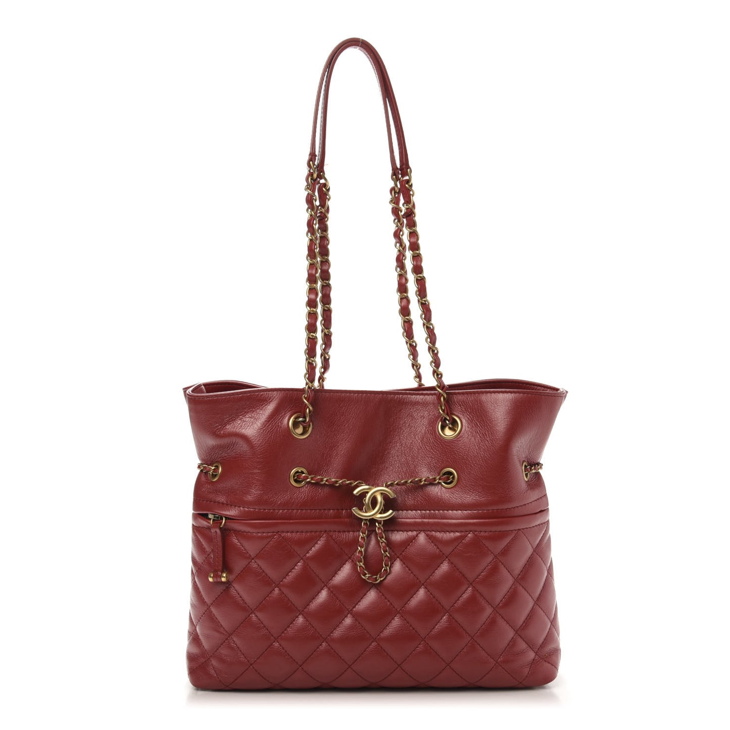 Aged Calfskin Quilted Drawstring Shopping Tote Red