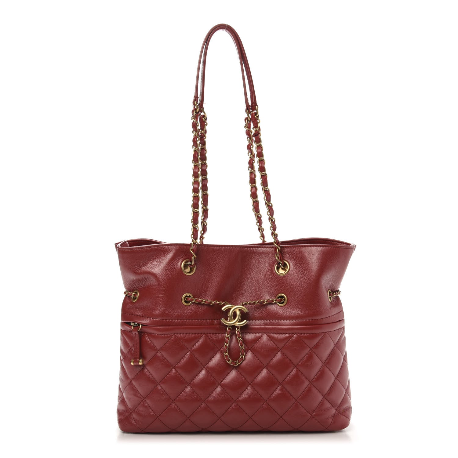 Chanel Aged Calfskin Quilted Drawstring Shopping Tote Red 1 of 12