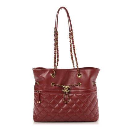 Chanel Aged Calfskin Quilted Drawstring Shopping Tote Red 1 of 12