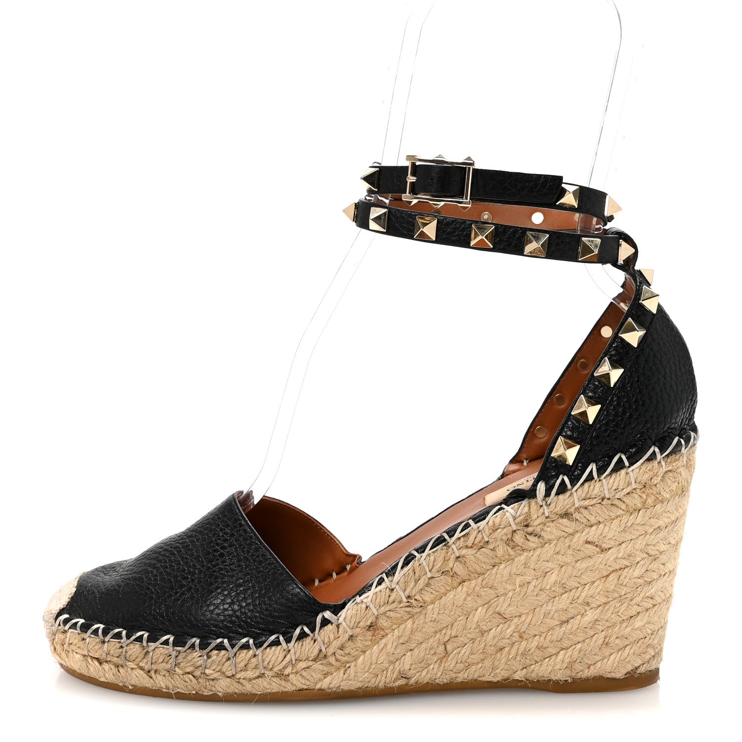 Valentino Garavani Grained Calfskin Rockstud Ankle Wrap Espadrille 15/85mm Wedges 37 Black Light Cuir 1 of 10