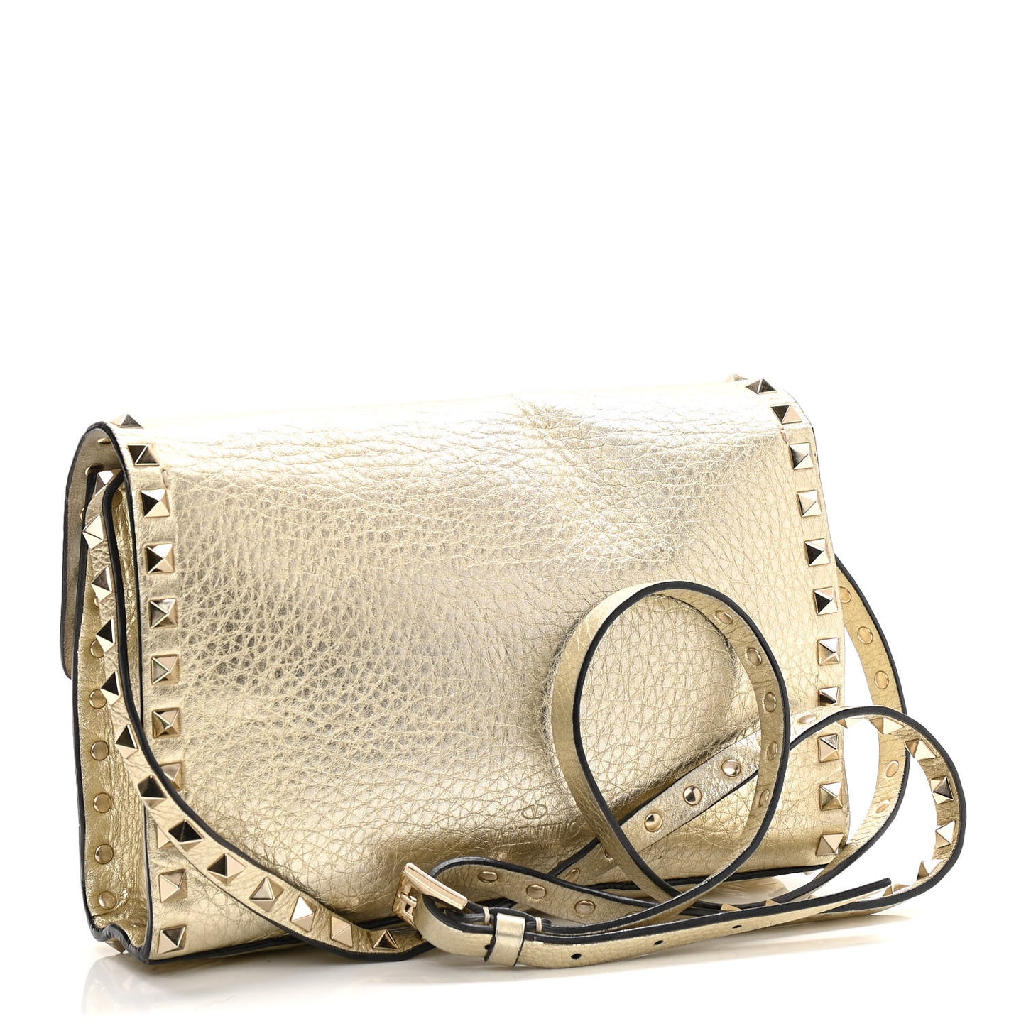 Metallic Pebbled Calfskin Medium Rockstud Flip Lock Crossbody Bag Platino