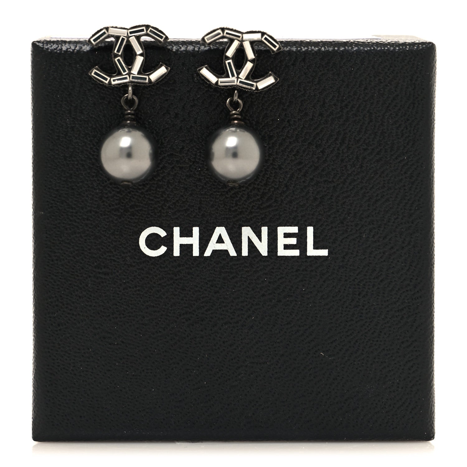 Chanel Ruthenium Pearl Crystal Baguette CC Drop Earrings Silver Grey 5 of 5