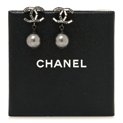 Chanel Ruthenium Pearl Crystal Baguette CC Drop Earrings Silver Grey 5 of 5
